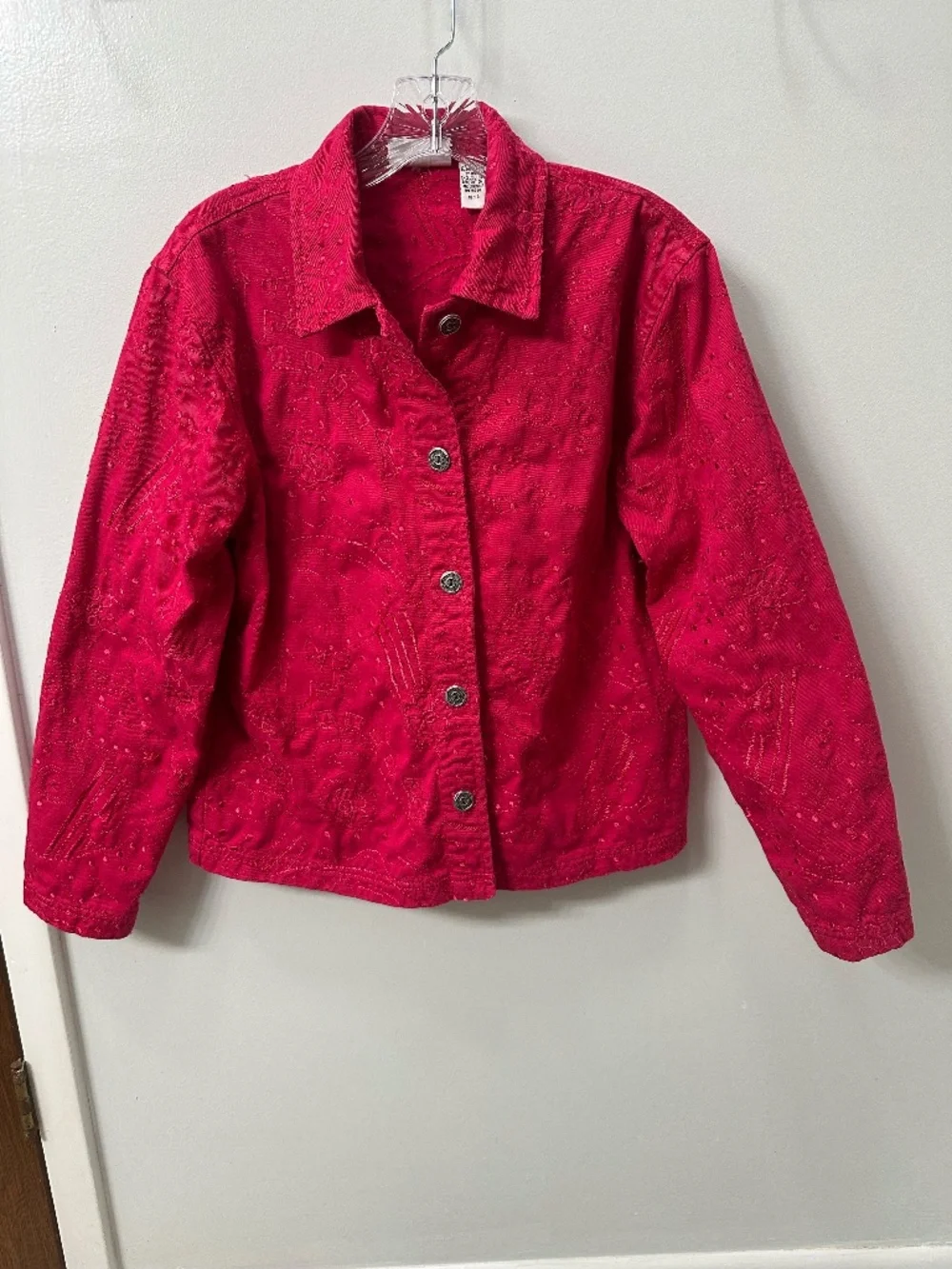 Chico's Design Pink Embroidered Jacket Cotton Floral Boho Art Jacket Sz. 0 Small